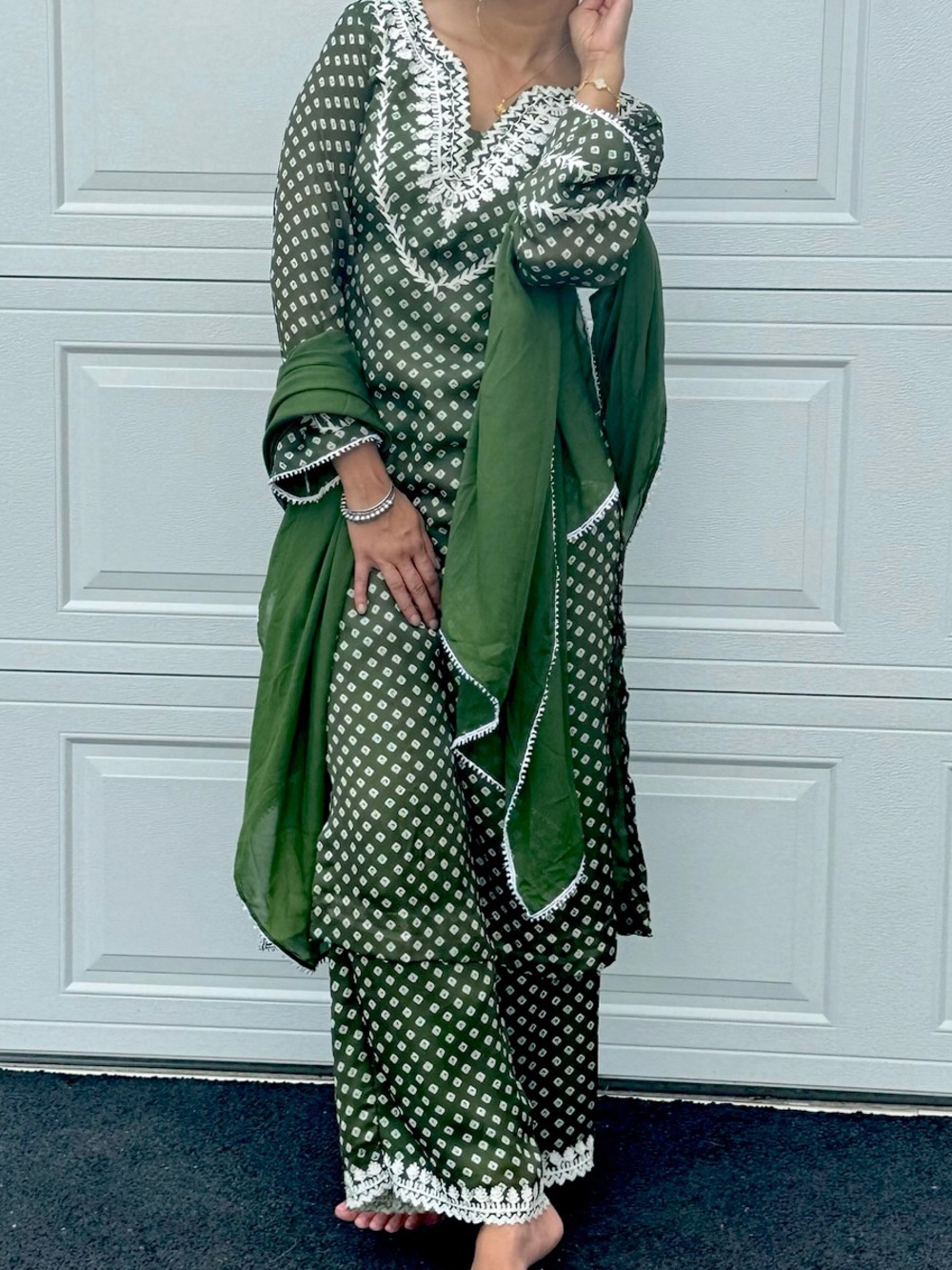 Green Polka Dot Ethnic Set with Scarf